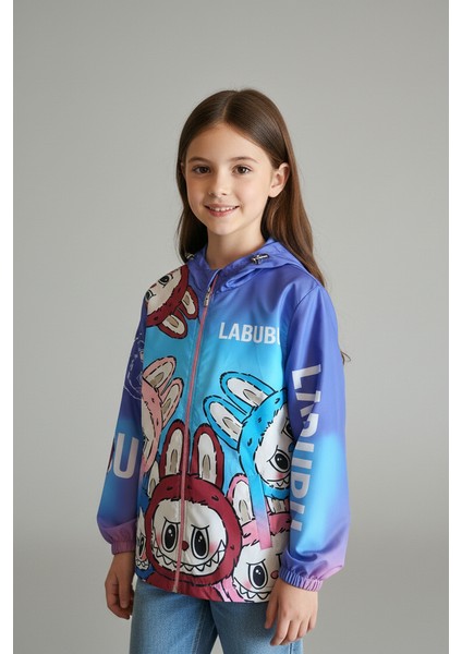 Kız Çocuk Labubu Karakter Baskılı Kapüşonlu Su Geçirmez Yağmurluk