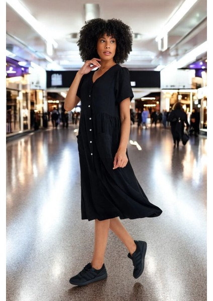 Beli Büzgülü V Yaka Keten Siyah Elbise modelleri