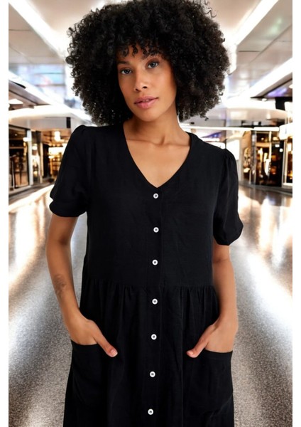 Beli Büzgülü V Yaka Keten Siyah Elbise indirimleri