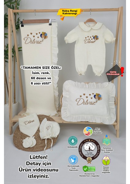 Müslin Yeni Doğan 4katlı Organik %100PAMUK Kişiye Özgü Nakışlı Hastane Çıkış Seti (Çoklu Balon)