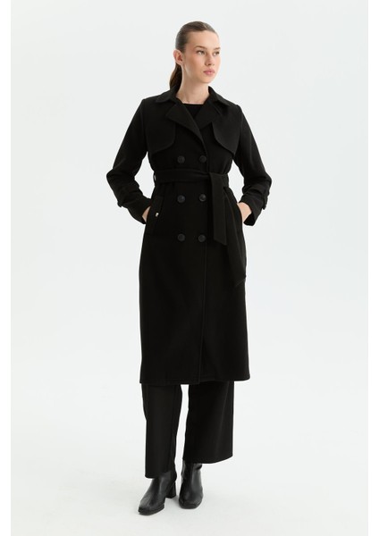 Kışlık Kaşe Kadın Kaban Genç Spor Çift Düğme Kruaze Siyah 2602