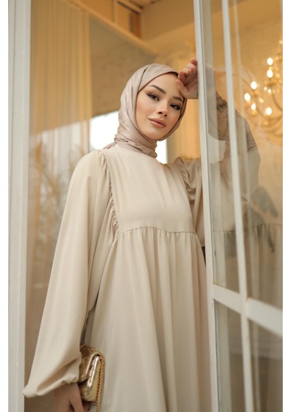 Açık Bej Tesettür Balon Kollu Oversize Elbise Standart Beden ( 36 - 42 ) Uyumludur 1692 fiyatları