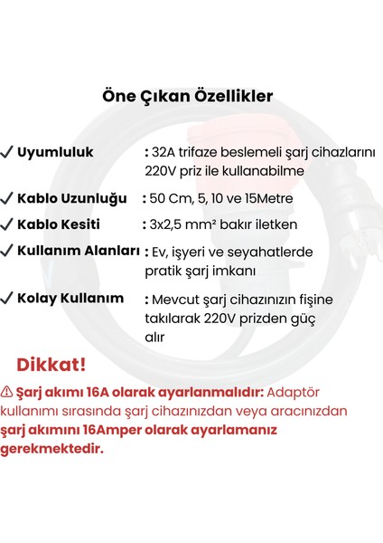 22kW Elektrikli Araç Şarj Cihazı için 50Cm Monofaze Fişli Dönüştürücü Adaptör