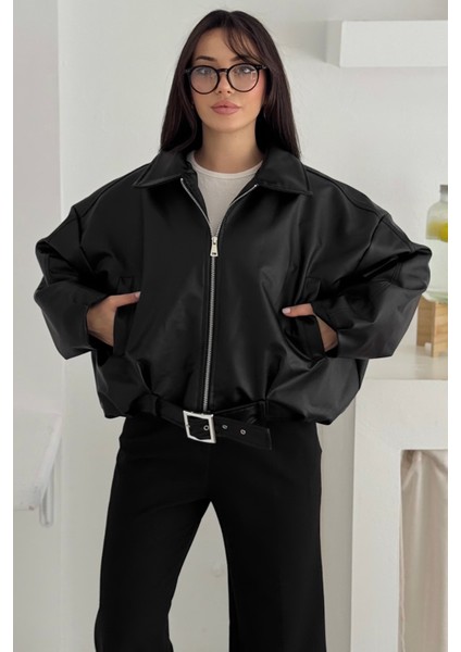 Kadın Oversize Deri Ceket – Güçlü & Sokak Stili