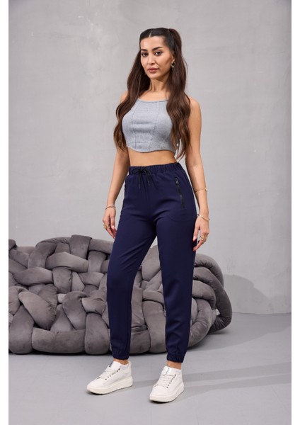 Kadın Yüksek Bel Likralı Rahat Kumaş Jogger Beli Lastikli Pantolon