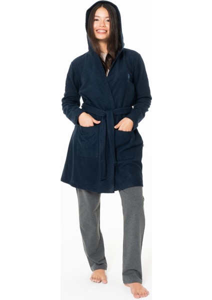 Kadın Uzun Ince Yumuşak Polar Sabahlık S26127 Kapüşonlu Kemerli Cepli