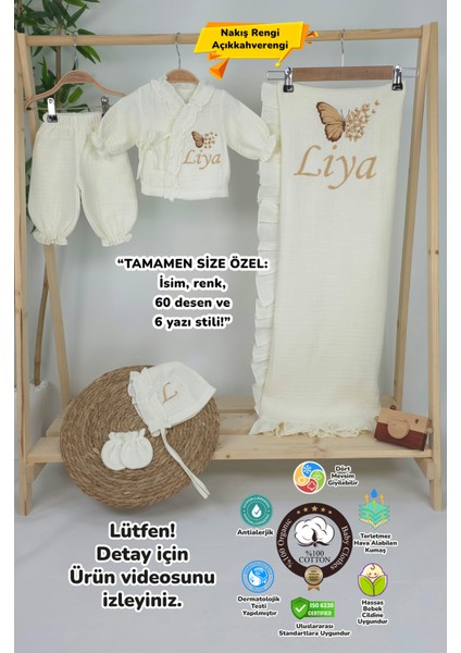 Müslin Yeni Doğan 4katlı Organik %100PAMUK Kişiye Özgü Nakışlı Hastane Çıkış Seti-Çoklu Kelebek-2