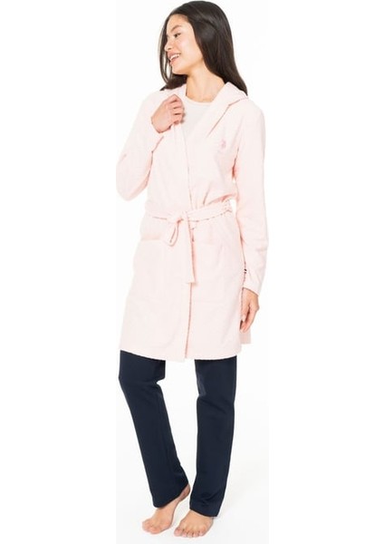 Kadın Uzun Ince Yumuşak Polar Sabahlık S26127 Kapüşonlu Kemerli Cepli