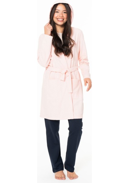 Kadın Uzun Ince Yumuşak Polar Sabahlık S26127 Kapüşonlu Kemerli Cepli fiyatları