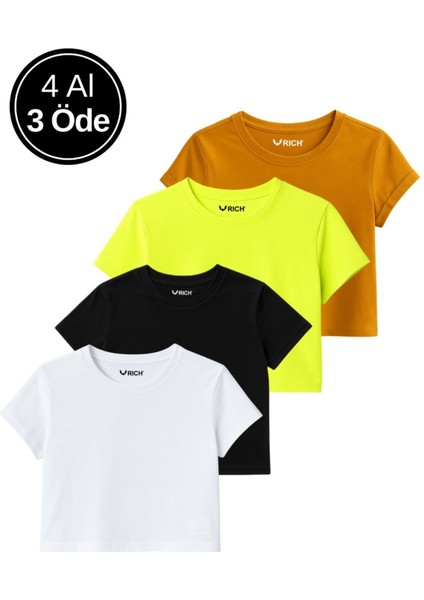 Kadın 4'lü Paket Oversize Crop Tişört %100 Pamuk Bisiklet Yaka T-Shirt