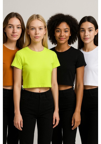 Kadın 4'lü Paket Oversize Crop Tişört %100 Pamuk Bisiklet Yaka T-Shirt fiyatları