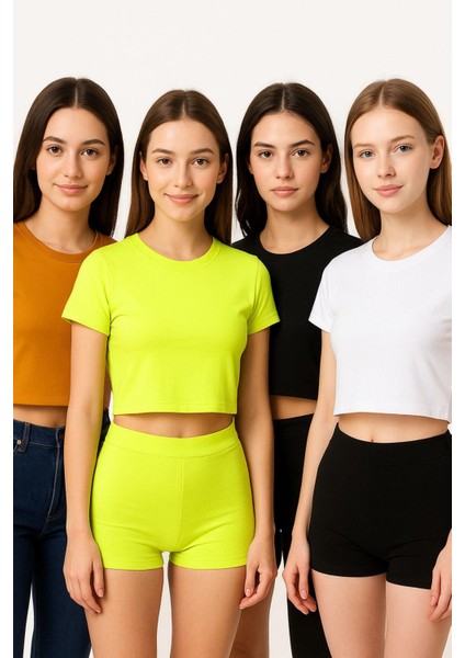 Kadın 4'lü Paket Oversize Crop Tişört %100 Pamuk Bisiklet Yaka T-Shirt modelleri