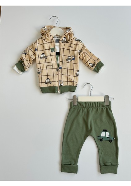 Erkek Bebek 3'lü Araba Desenli Yeşil Takım