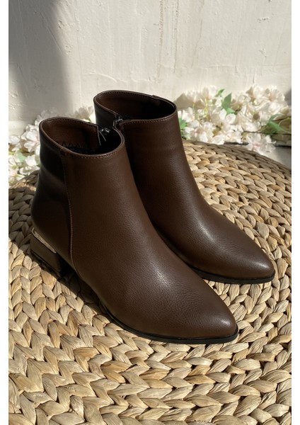 Kahverengi Cilt 4 cm Kalın Galvaniz Topuklu Şık Günlük Kadın Bot TMD2024800 indirimleri
