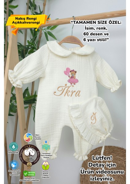 Müslin Yeni Doğan 4katlı Organik %100PAMUK Kişiye Özgü Nakışlı Hastane Çıkış Seti (Ayıcık Model-5)
