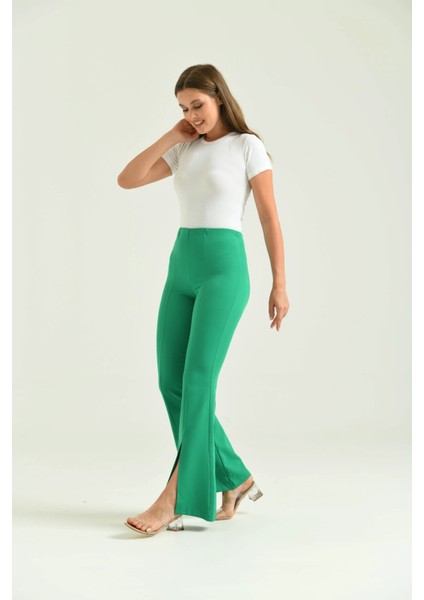 Kadın Pantolon Paça Detaylı Toparlayıcı Yüksel Bel Kumaş Pantolon Yeşil - T111