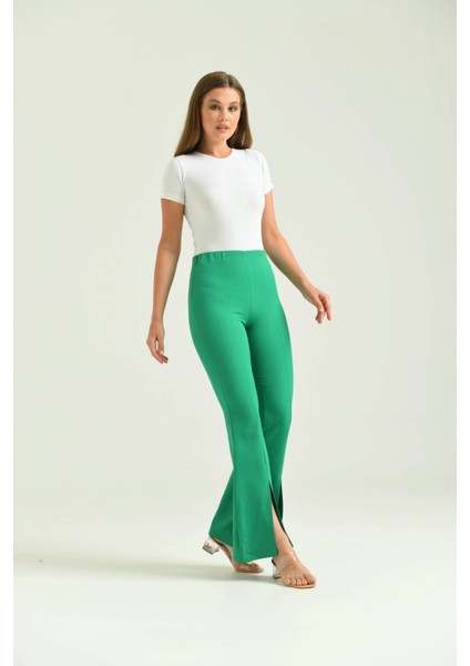 Kadın Pantolon Paça Detaylı Toparlayıcı Yüksel Bel Kumaş Pantolon Yeşil - T111 fırsatları
