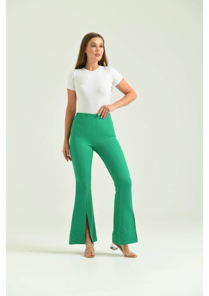Kadın Pantolon Paça Detaylı Toparlayıcı Yüksel Bel Kumaş Pantolon Yeşil - T111 indirimleri