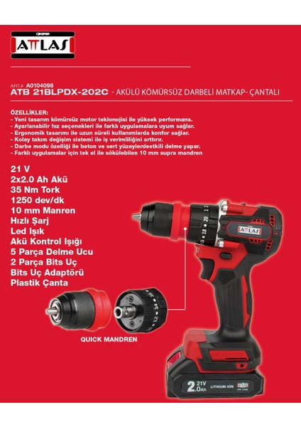 ATB21 BLPDX-202C Akülü Kömürsüz Darbeli Matkap 2.0AH A0104098