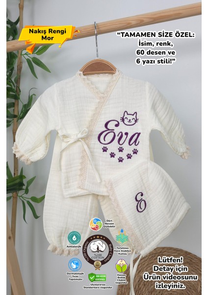 Müslin Yeni Doğan 4katlı Organik %100PAMUK Kişiye Özgü Nakışlı Hastane Çıkış Seti (Pati Model-2)
