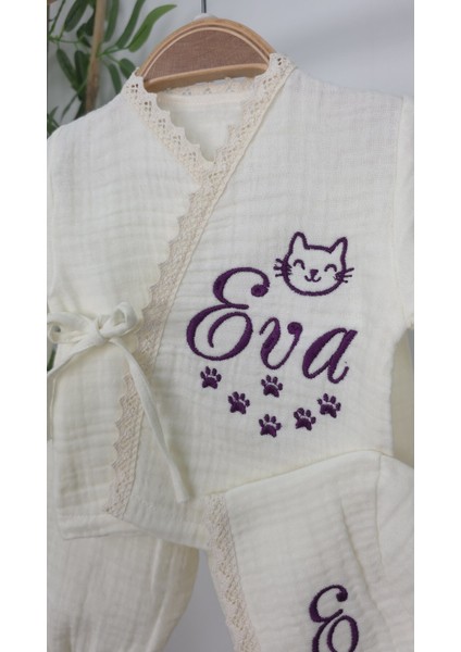 Müslin Yeni Doğan 4katlı Organik %100PAMUK Kişiye Özgü Nakışlı Hastane Çıkış Seti (Pati Model-2) modelleri