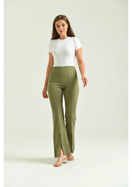 Kadın Pantolon Paça Detaylı Toparlayıcı Yüksel Bel Kumaş Pantolon Haki - T111