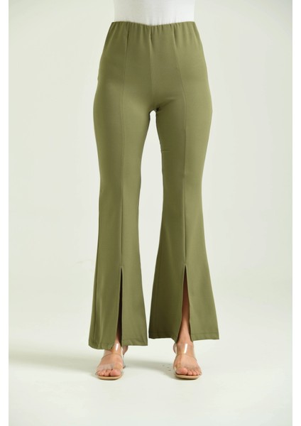 Kadın Pantolon Paça Detaylı Toparlayıcı Yüksel Bel Kumaş Pantolon Haki - T111 modelleri