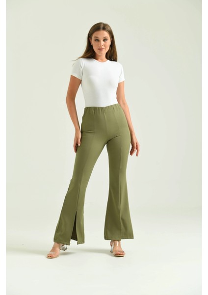 Kadın Pantolon Paça Detaylı Toparlayıcı Yüksel Bel Kumaş Pantolon Haki - T111 indirimleri