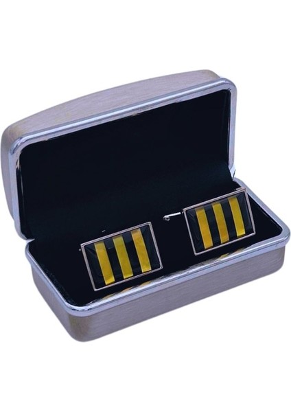 Siyah ve Bej Çizgili Dikdörtgen Tasarım Kol Düğmesi