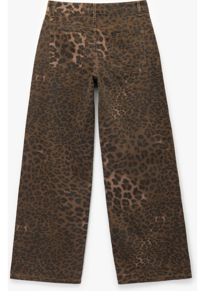 Leopar Desenli Bol Kalıp Jean Pantolon - Loose Straight Fit Jean indirimleri