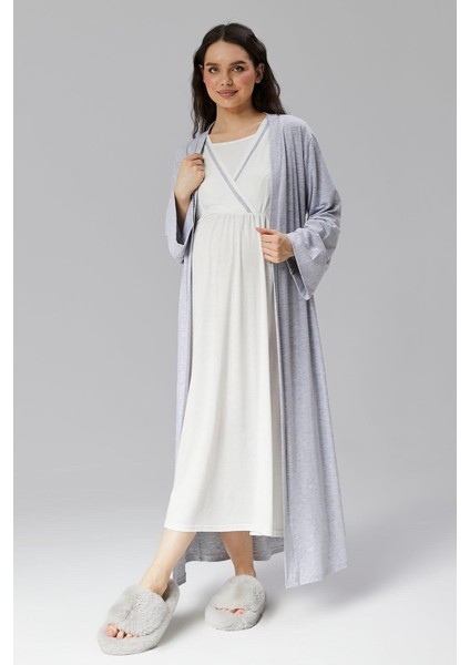 Pamuklu Biyeli Kruvaze Yaka Emzirmeye Hastane ve Günlük Kullanıma Uygun Gecelik Sabahlık Takımı