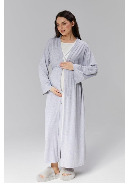 Pamuklu Biyeli Kruvaze Yaka Emzirmeye Hastane ve Günlük Kullanıma Uygun Gecelik Sabahlık Takımı fırsatları