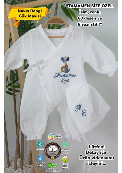 Müslin Yeni Doğan 4katlı Organik %100PAMUK Kişiye Özgü Nakışlı Hastane Çıkış Seti (Balonlu Aslan)