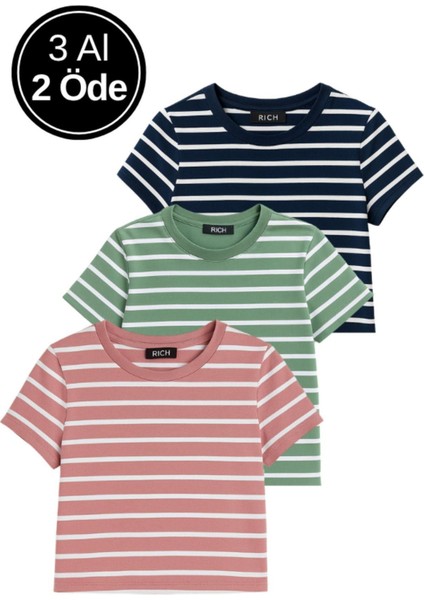 Kadın 3'lü Paket Yeşil-Pembe-Mavi Crop Tişört Pamuk Bisiklet Yaka T-Shirt