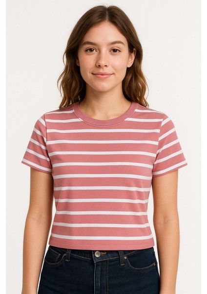 Kadın 3'lü Paket Yeşil-Pembe-Mavi Crop Tişört Pamuk Bisiklet Yaka T-Shirt fiyatları