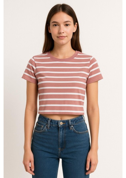 Kadın 3'lü Paket Yeşil-Pembe-Mavi Crop Tişört Pamuk Bisiklet Yaka T-Shirt modelleri