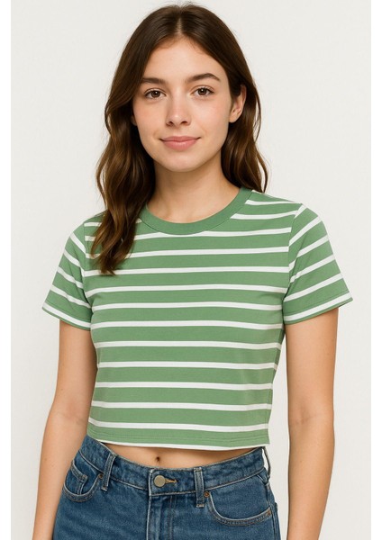 Kadın 3'lü Paket Yeşil-Pembe-Mavi Crop Tişört Pamuk Bisiklet Yaka T-Shirt indirimleri