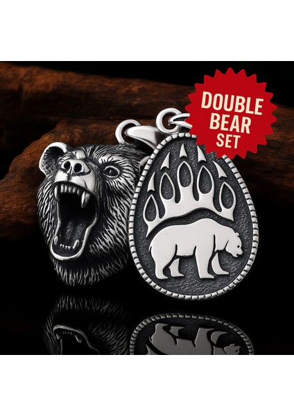 Double Bear Set – Viking Ayı Figürlü Paslanmaz Çelik Erkek Kolye Seti (2’li)