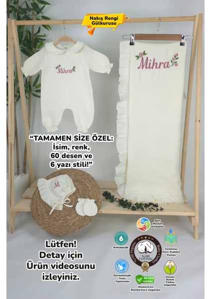 Müslin Yeni Doğan 4katlı Organik %100PAMUK Kişiye Özgü Nakışlı Hastane Çıkış Seti (Güllü Mode-3)