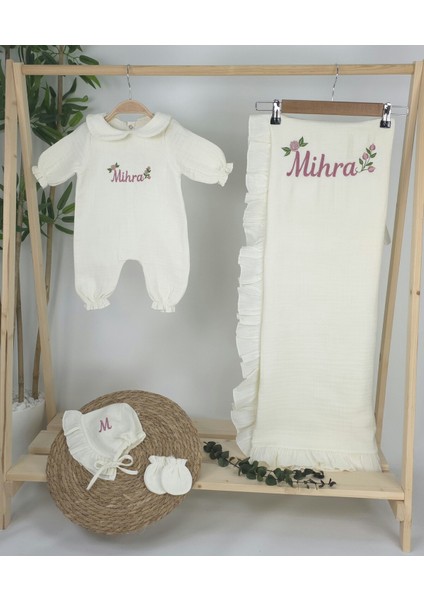 Müslin Yeni Doğan 4katlı Organik %100PAMUK Kişiye Özgü Nakışlı Hastane Çıkış Seti (Güllü Mode-3) fiyatları