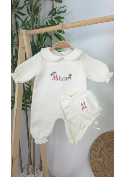 Müslin Yeni Doğan 4katlı Organik %100PAMUK Kişiye Özgü Nakışlı Hastane Çıkış Seti (Güllü Mode-3) modelleri