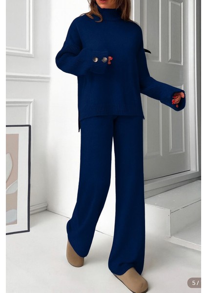 Yeni Ürün Dik Yaka Düğme Detaylı Oversize Kazak-Pantolon Triko Alt Üst Takım 0034 fiyatları