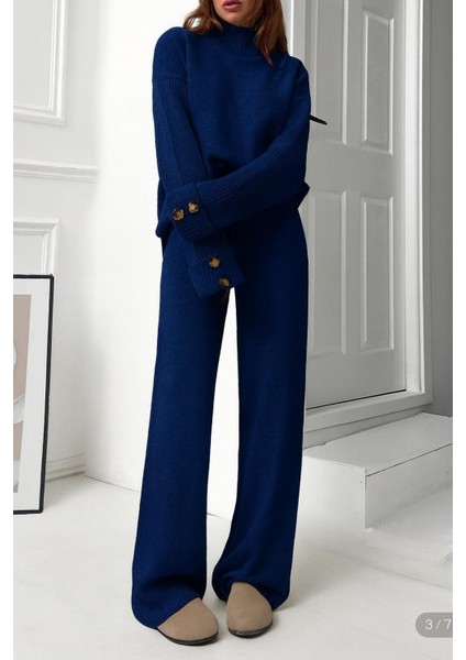 Yeni Ürün Dik Yaka Düğme Detaylı Oversize Kazak-Pantolon Triko Alt Üst Takım 0034 modelleri