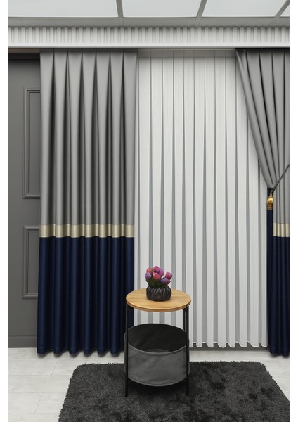 Pano Fon Perde, Elegans Seri Azra Desen Lacivert Gold Gri 1 / 3 Pileli ( Tek Kanat )