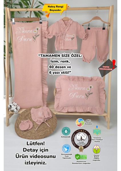 Müslin Yeni Doğan 4katlı Organik %100PAMUK Kişiye Özgü Nakışlı Hastane Çıkış Seti (Pudra Papatyalı)