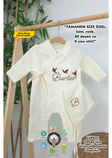 Müslin Yeni Doğan 4katlı Organik %100PAMUK Kişiye Özgü Nakışlı Hastane Çıkış Seti(3'lü Kelebk Model)