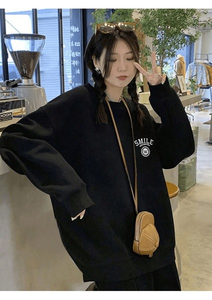 Unisex Siyah Smile Logo Baskılı Oversize Sweatshirt Ck-Smilesyhsweet
