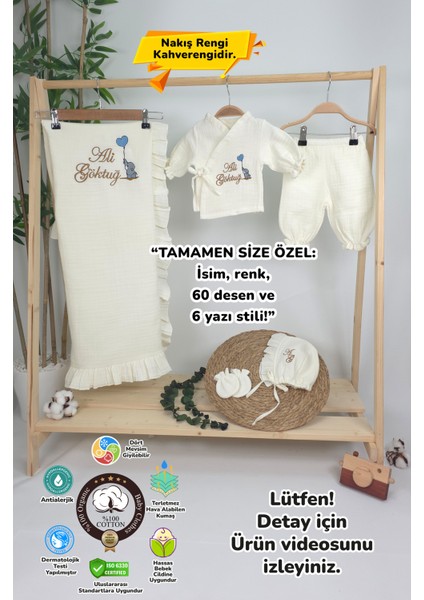 Müslin Yeni Doğan 4katlı Organik %100PAMUK Kişiye Özgü Nakışlı Hastane Çıkış Seti-Kahverengi-Filli fiyatları