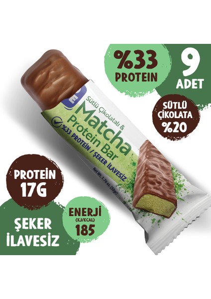 Çikolata Kaplamalı Protein Bar - Matcha ve Sütlü Çikolatalı, %33 Protein, 50 G x 9 Adet
