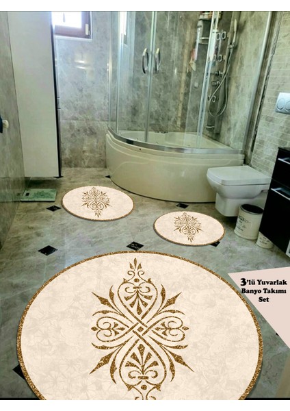 Damask - Kaymaz Taban Yuvarlak Banyo Halısı (110X110-50X50-50X50 CM 3'LÜ SET)